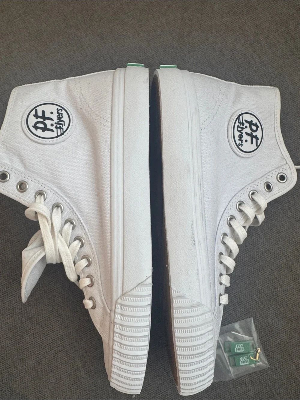 P.F. Flyers White High-Top Canvas Sneakers with Green Laces